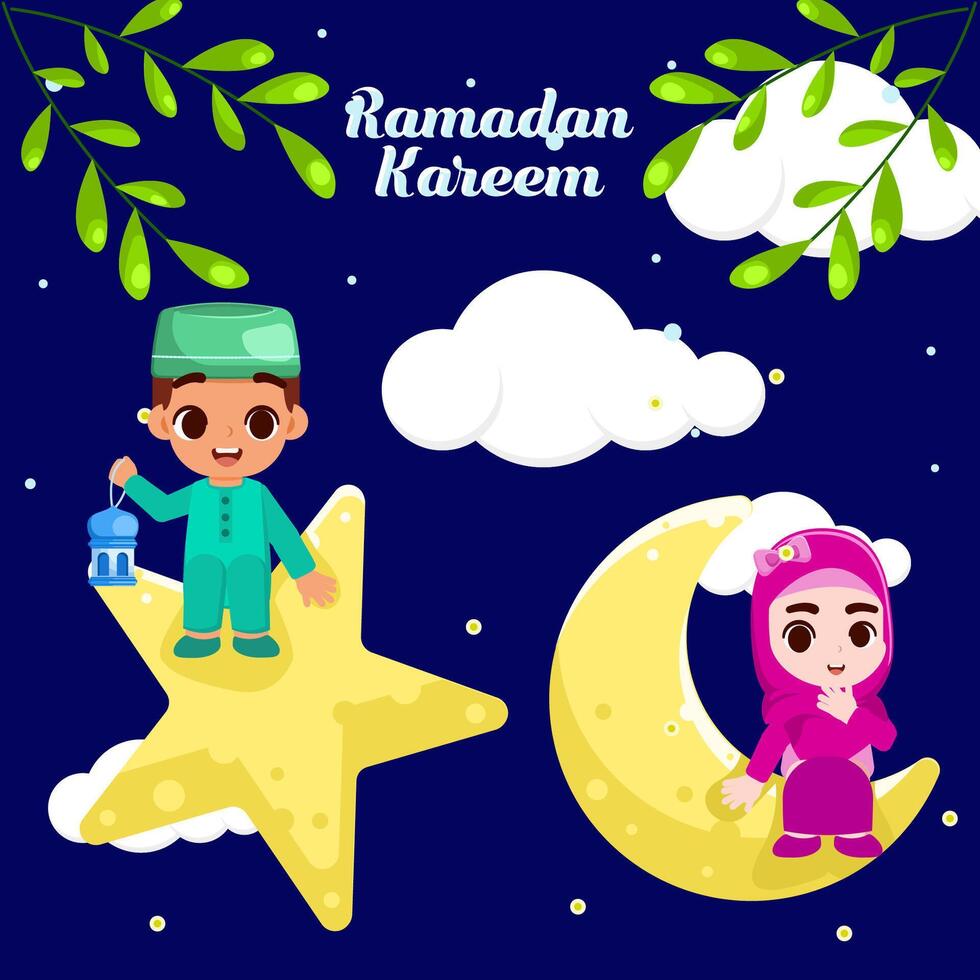 Muslim girl and boy bring lantern , sit in star and moon, welcoming ramadan with cloud and night vector
