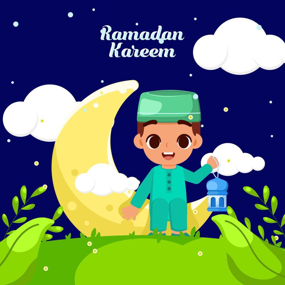 Muslim boy bring lantern , welcoming ramadan with cloud and night vector
