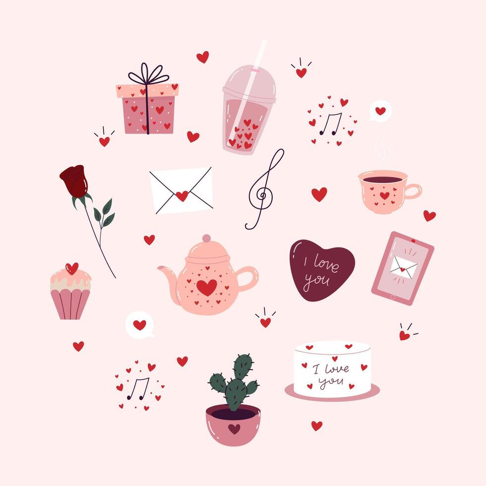 Hand-drawn set of cute Valentines day elements. Cute love stickers set for daily planner and diary. vector