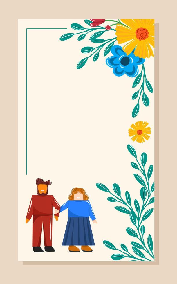Wedding invitation floral frame of green leaves with romantic couple illustration on white with negative space. vector