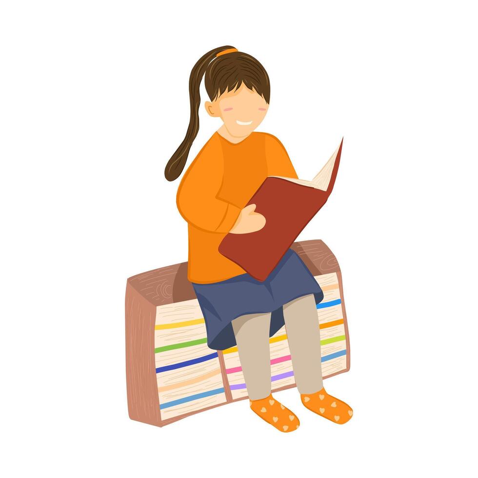 Little girl sitting on a bookshelf reading a book, educational or hobby concept. vector