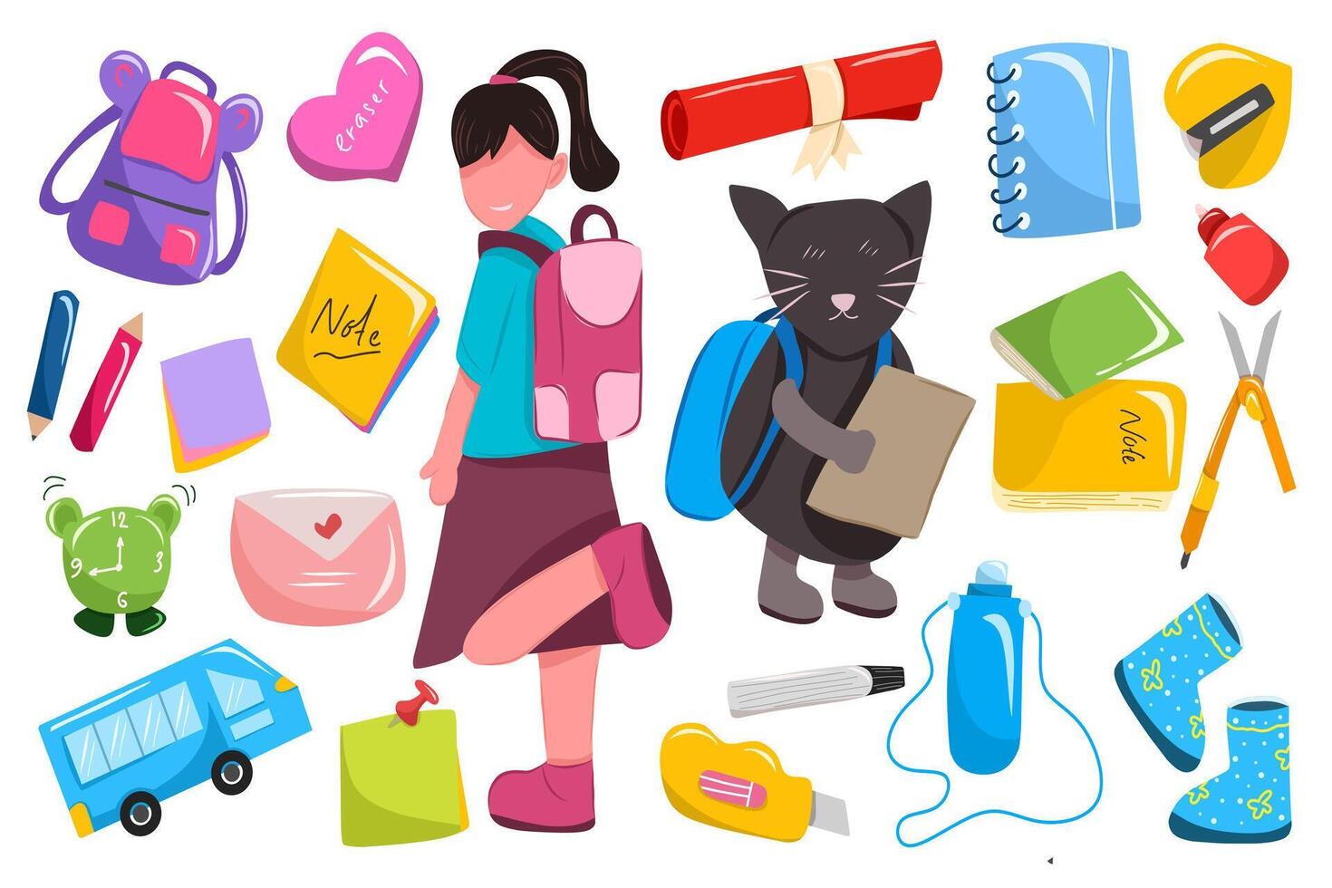 Set of school supplies isolated on white include smiley girl student, cute character of cat, back pack, notebook, sticky note, pencil and alarm. vector