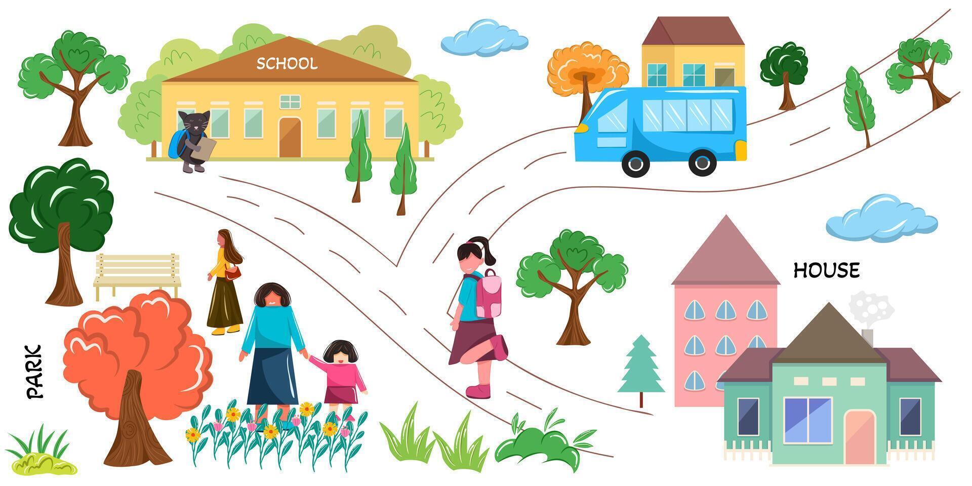 trail map with pathway and school building, students go to school, houses, different people walking in the park and the vehicle is on the road. Education concept. vector
