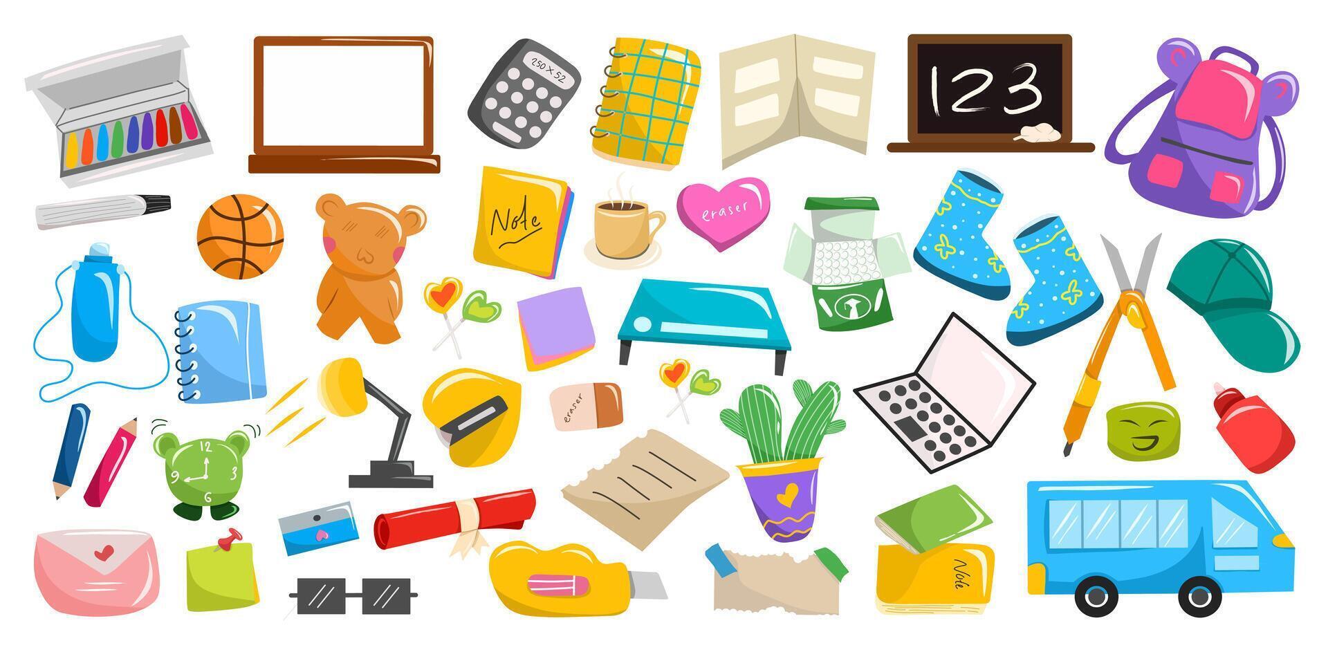 School supplies isolated on white background. Including book, laptop, lamp, black board and white board, eraser, pencil, glasses, school bus and desk. Educational elements collection. vector