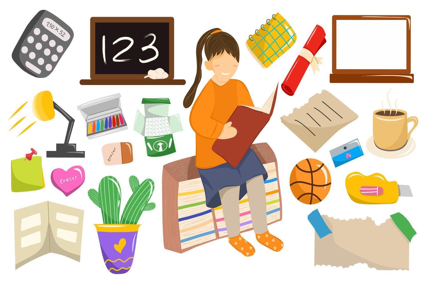 Set of school supplies isolated include girl student character reading a book and school equipment stuff. vector