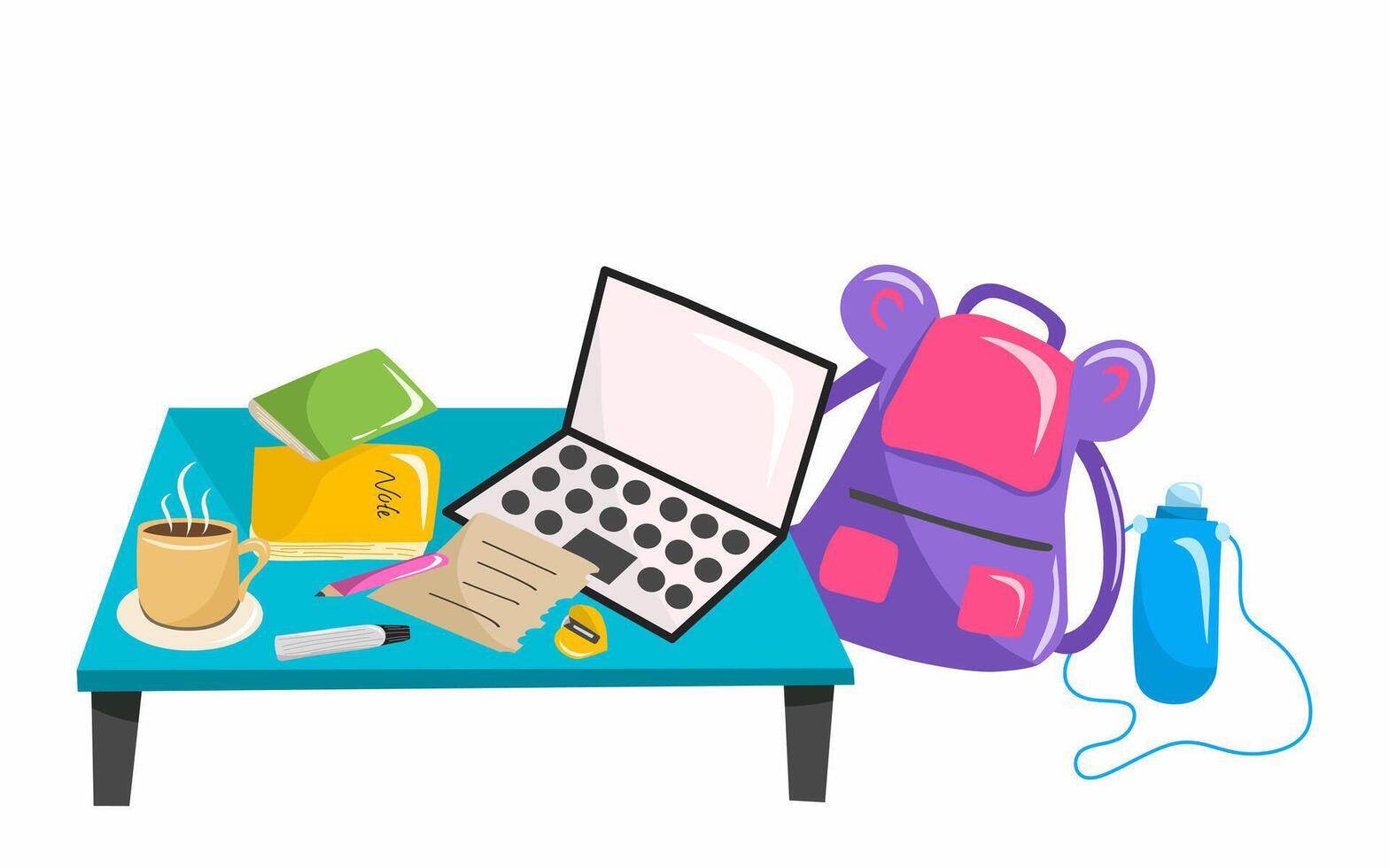 Illustration of school supplies scattered on the table and a cup of coffee as well as a backpack and a drinking water bottle next to the table, educational concept. vector