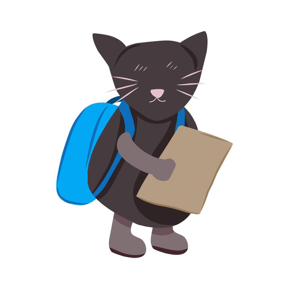Adorable black cat wearing a backpack and holding paper is about to go to school. vector