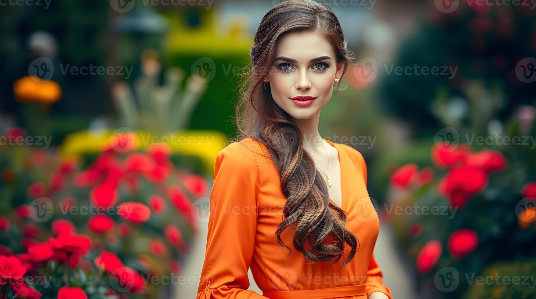 Beautiful Woman Orange Dress Garden Roses Background photo