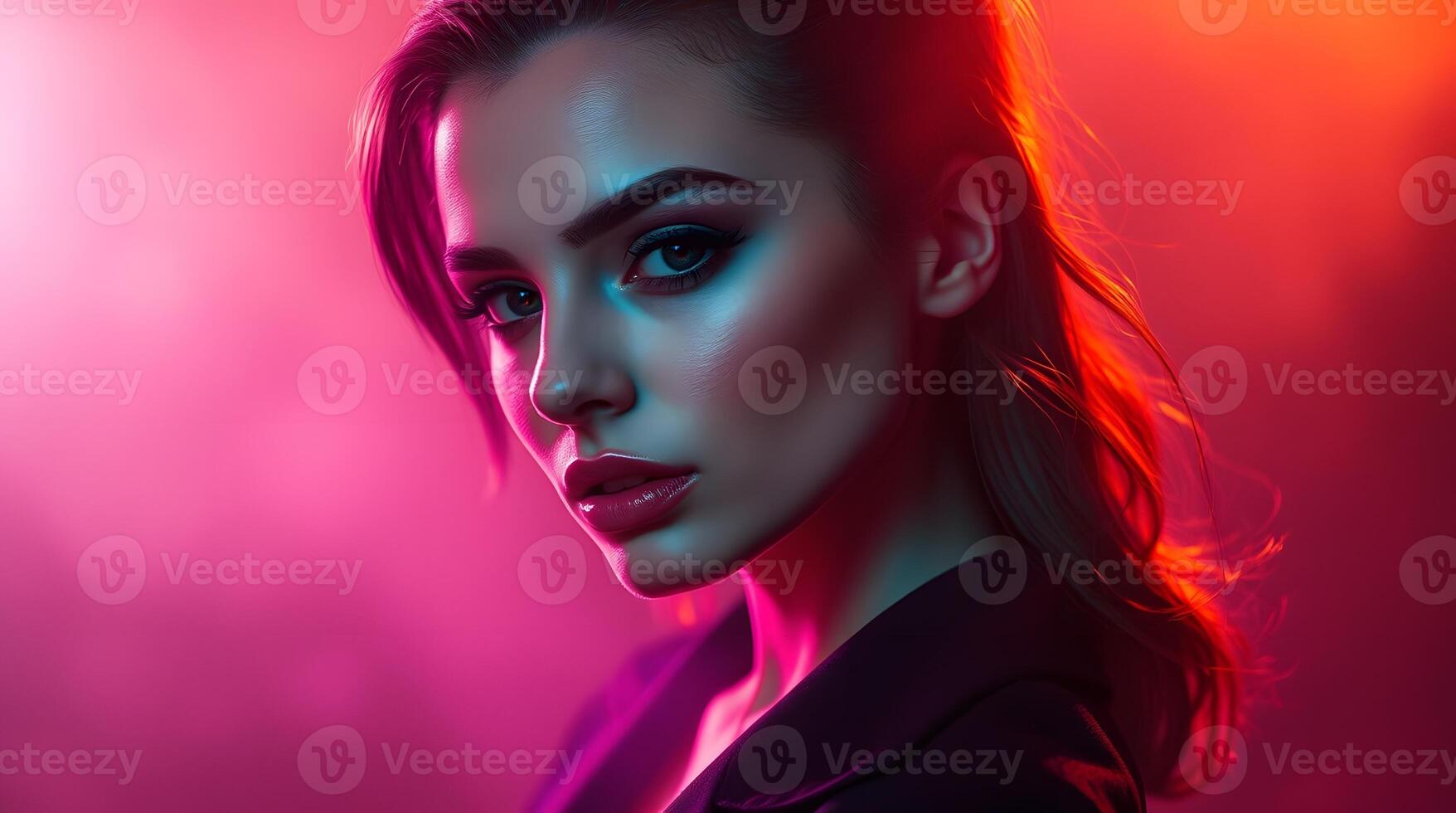 Woman Neon Portrait Pink Blue Lighting Glamorous Style photo