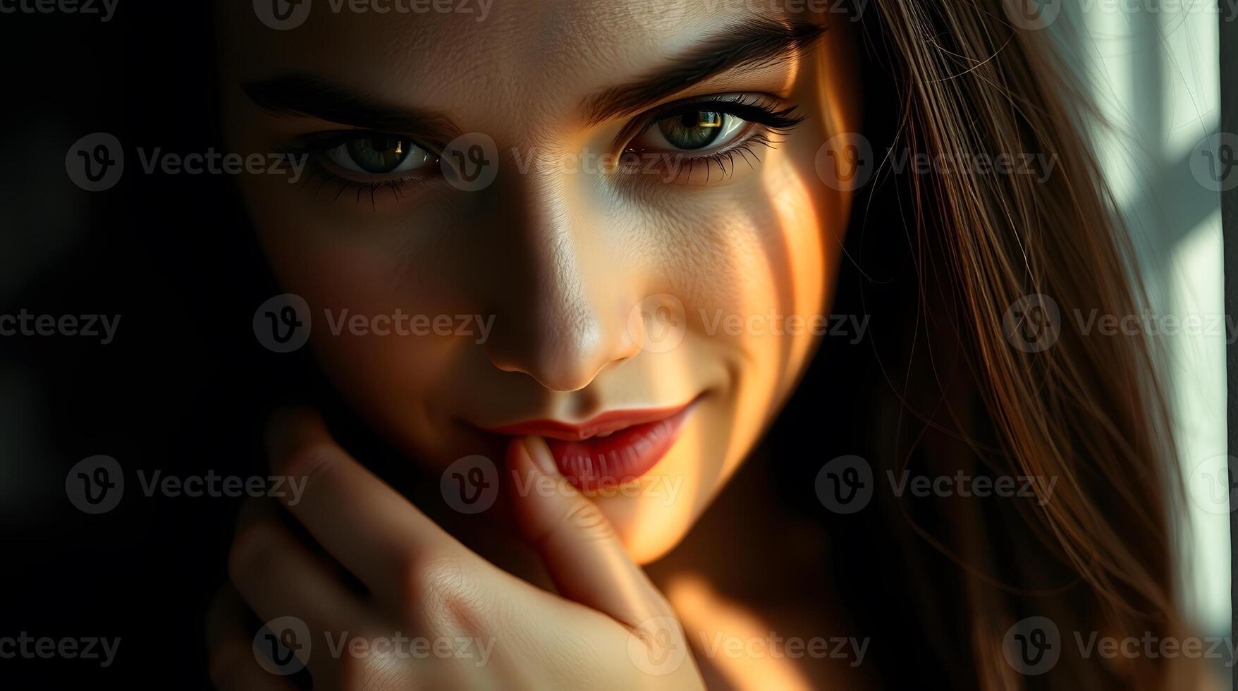 A woman with long brown hair and blue eyes photo