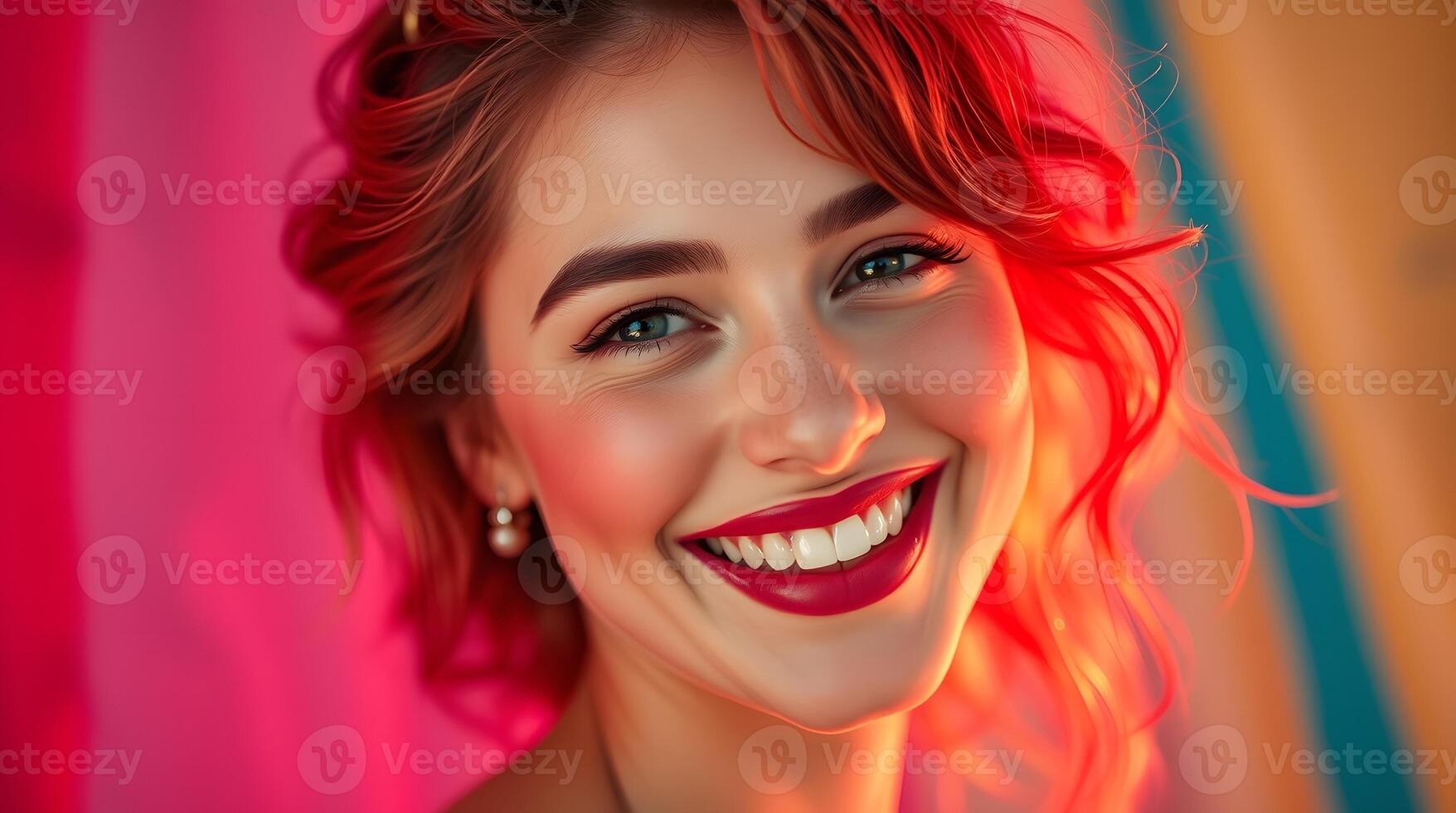 Radiant Woman Red Hair Bright Smile Neon Light Portrait photo