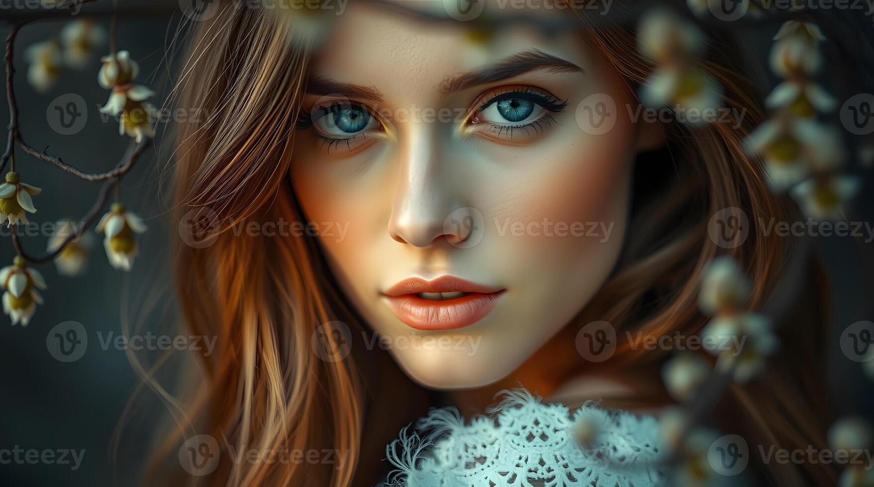 Stunning Woman Blue Eyes Spring Blossoms Romantic Portrait photo