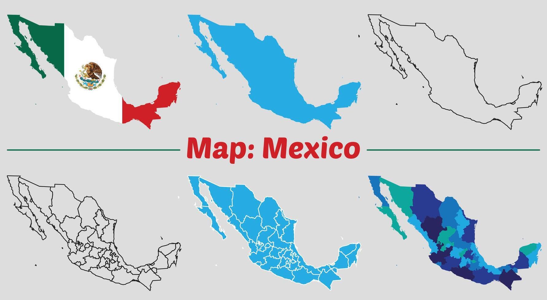 Mexico country map set. internal provinces borders marked, Simple map of Mexico drawing, Filled and outline. vector