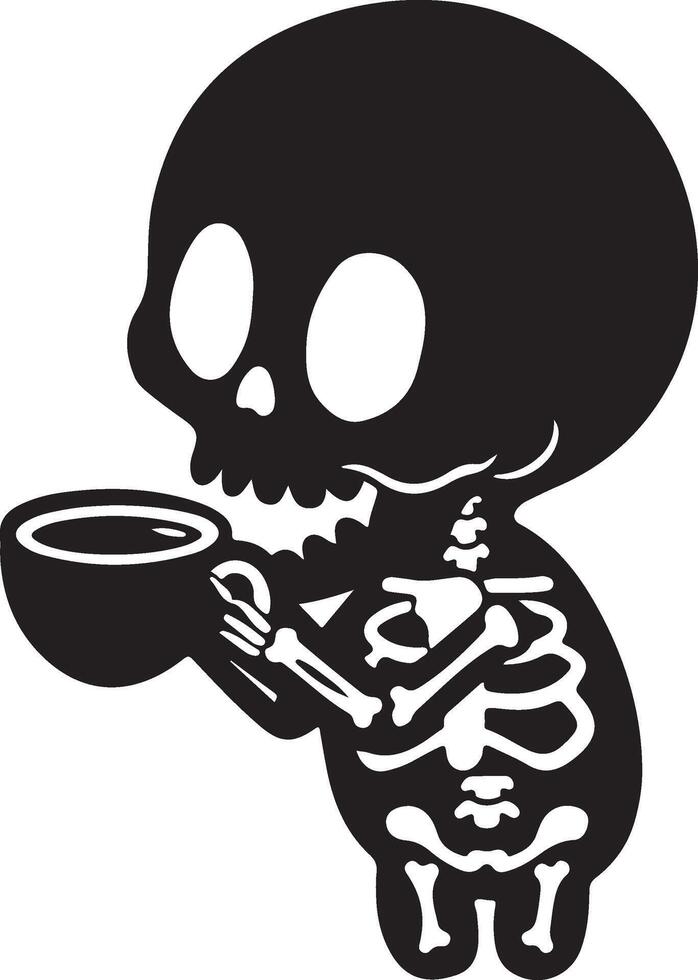a cartoon skeleton holding a cup of coffee vector