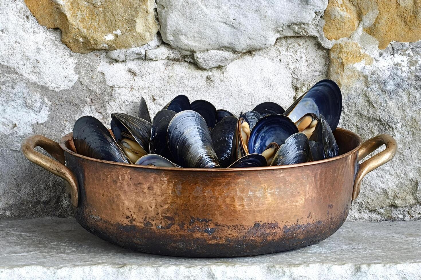 Fresh mussels resting in copper pot against stone wall photo