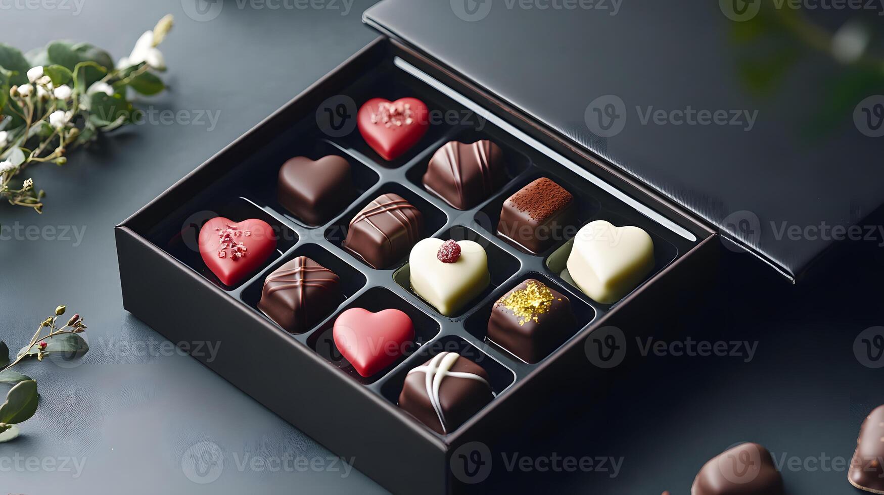 close up of heart shaped chocolates in beautifully arranged box, perfect for gifting photo