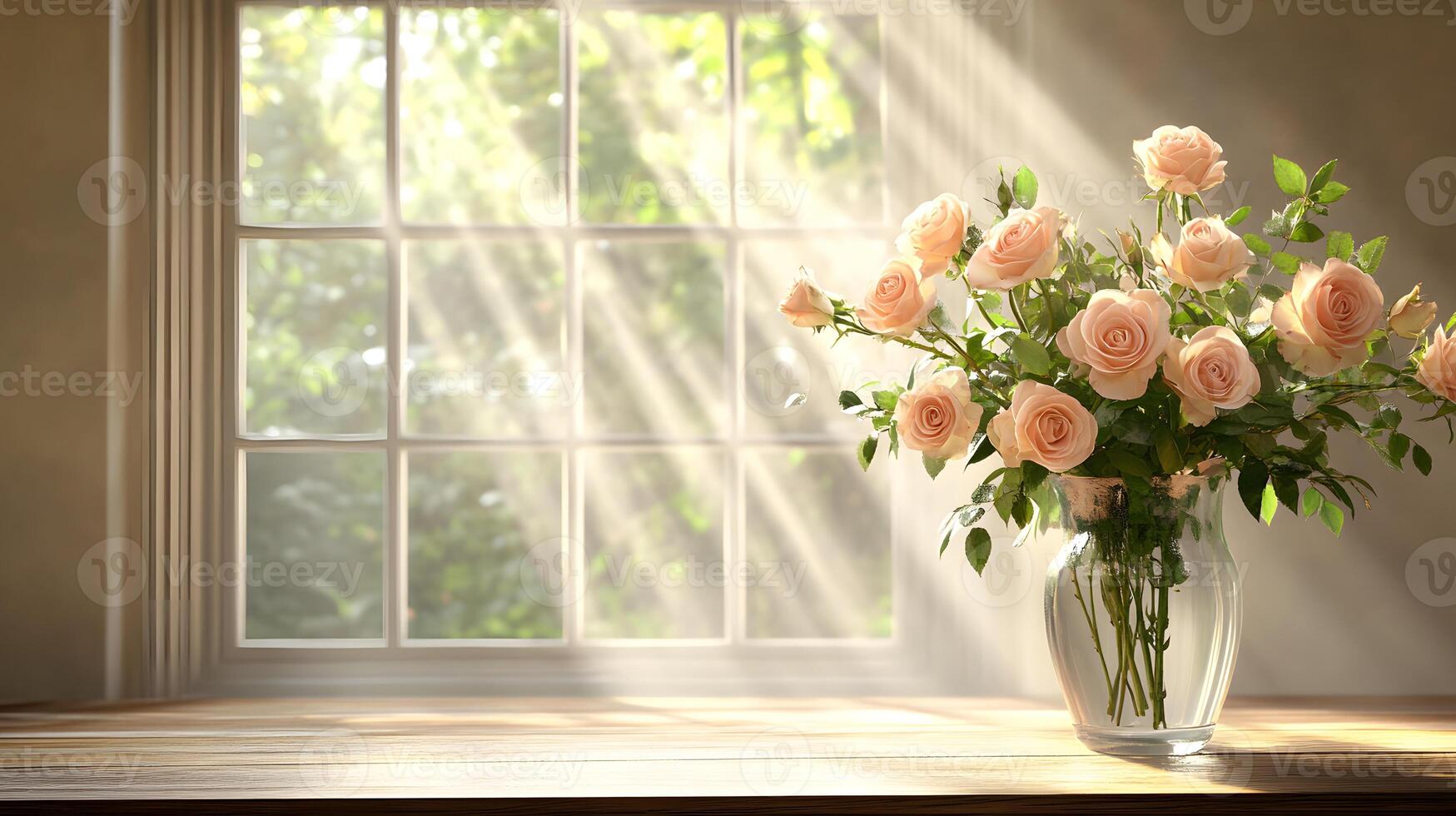 beautiful arrangement of pink roses glass vase, illuminated by sunlight streaming through window, creates serene atmosphere photo