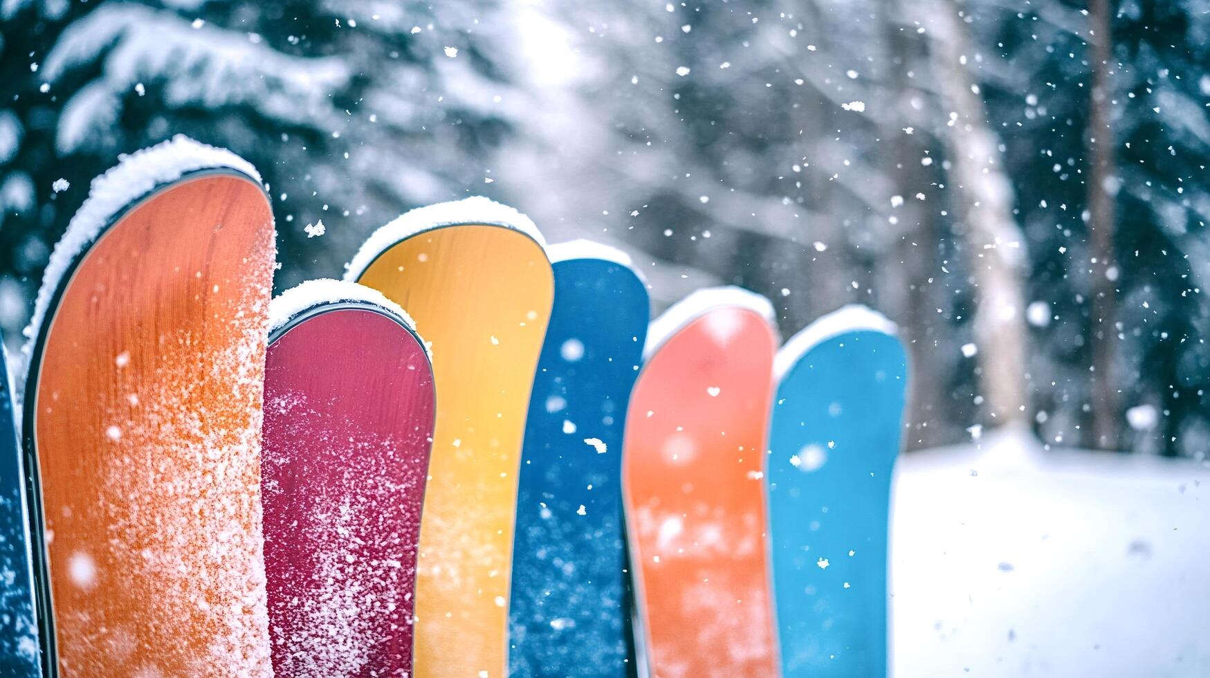 Colorful skis covered in snowflakes during snowfall in winter wonderland photo