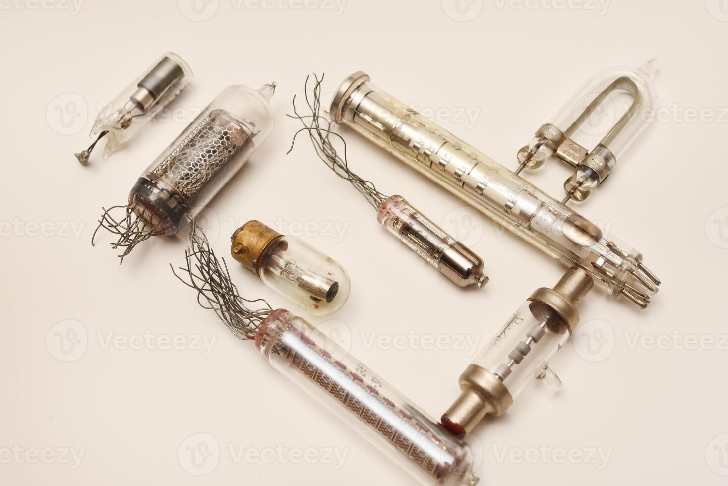 Old lamps from radio electronics. Lamps from calculating devices and lighting. photo