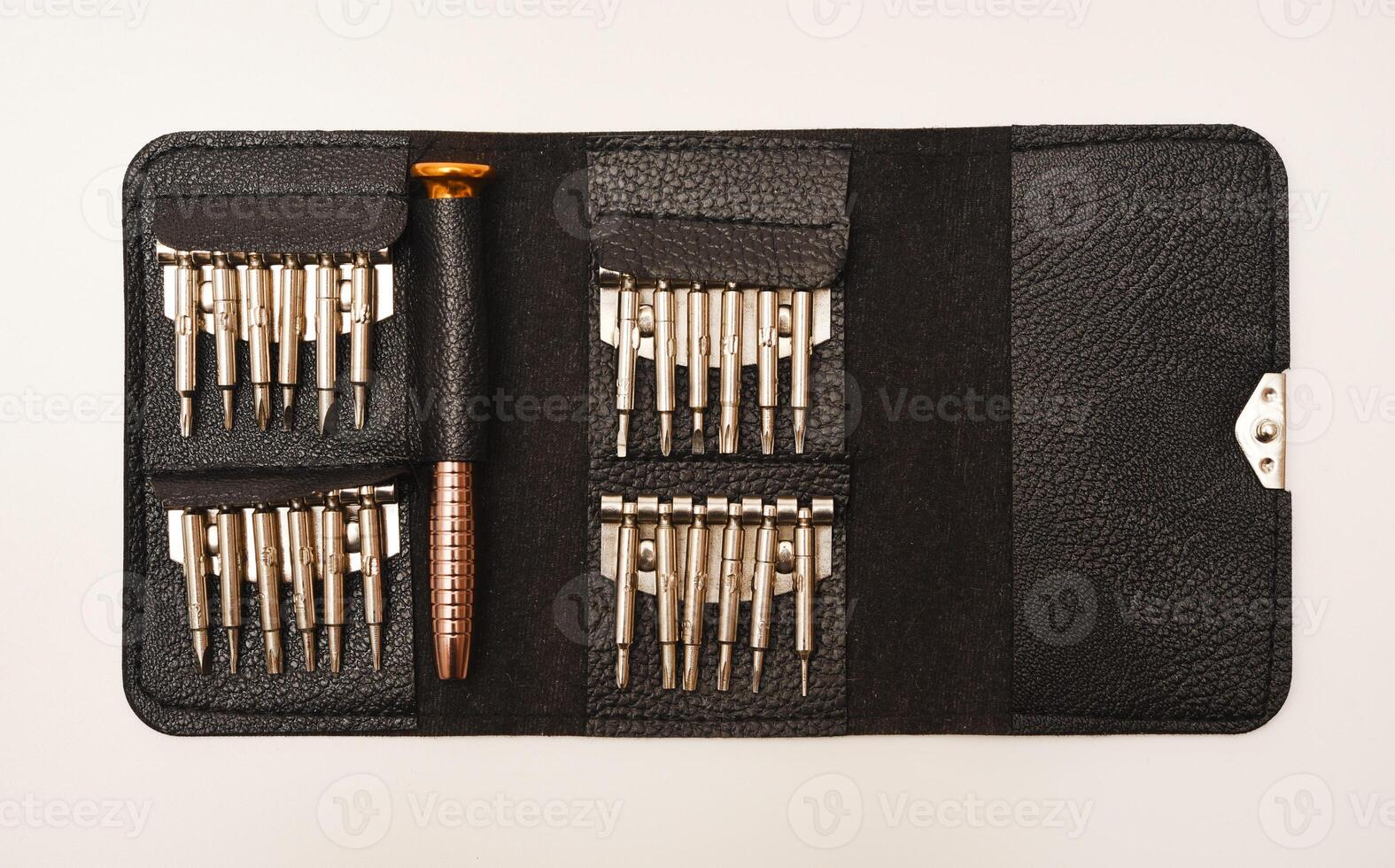 A leather purse with a screwdriver and bits. A set of different screwdrivers. photo