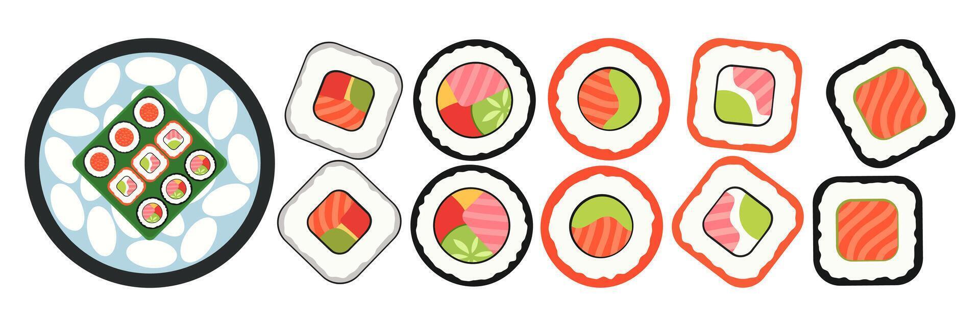 Illustrations of Various Sushi Types and Platters Set. vector