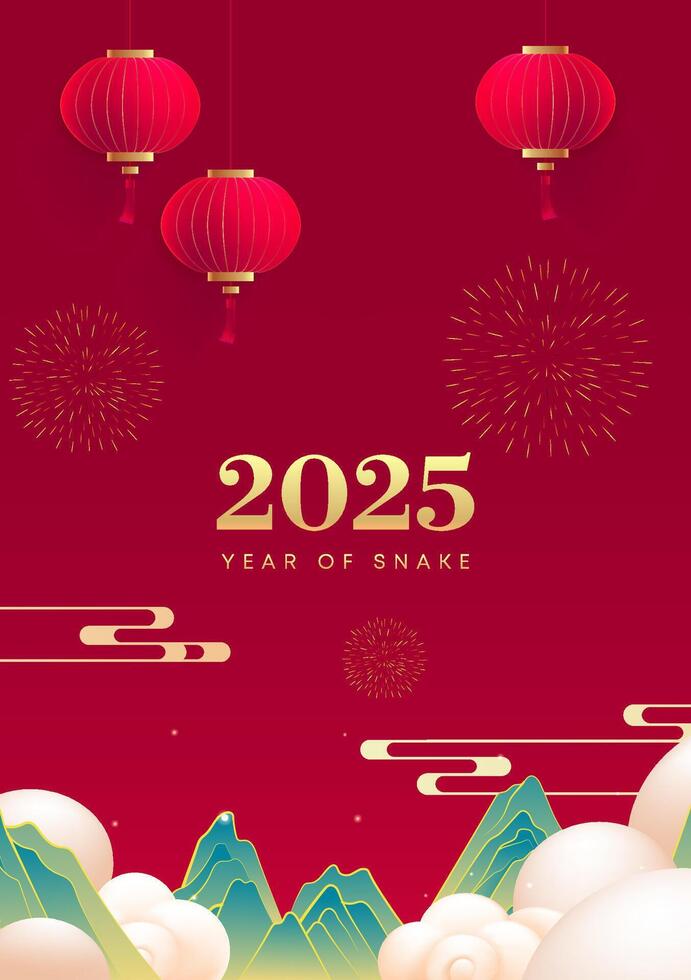 Spring Festival poster design Chinese landscape and red lanterns vector