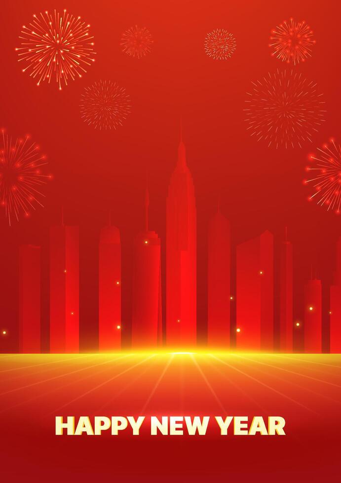 Spring Festival poster design New Year wishes against the background of the city skyline vector