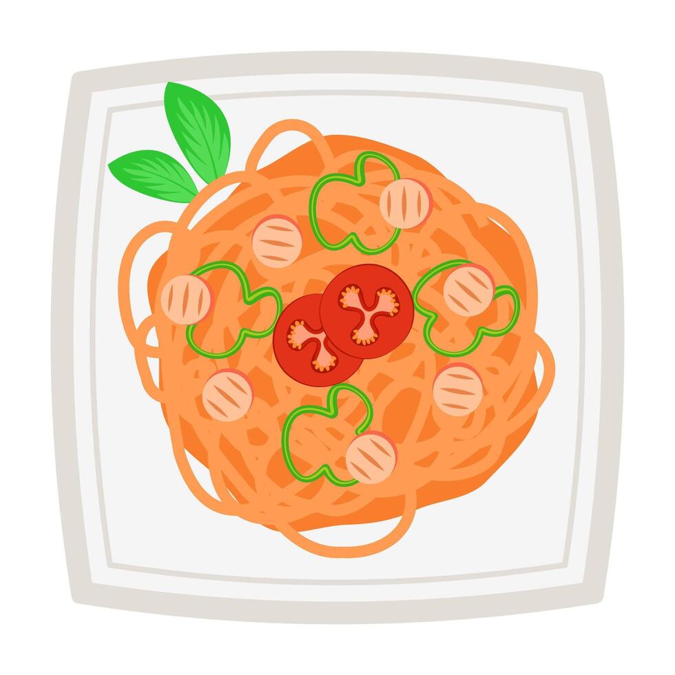 Colorful pasta dishes with various toppings. Flat Illustration. vector