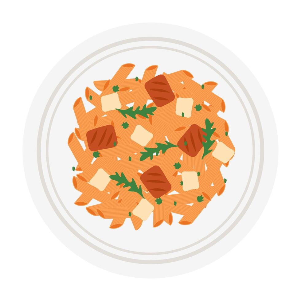 Colorful pasta dishes with various toppings. Flat Illustration. vector