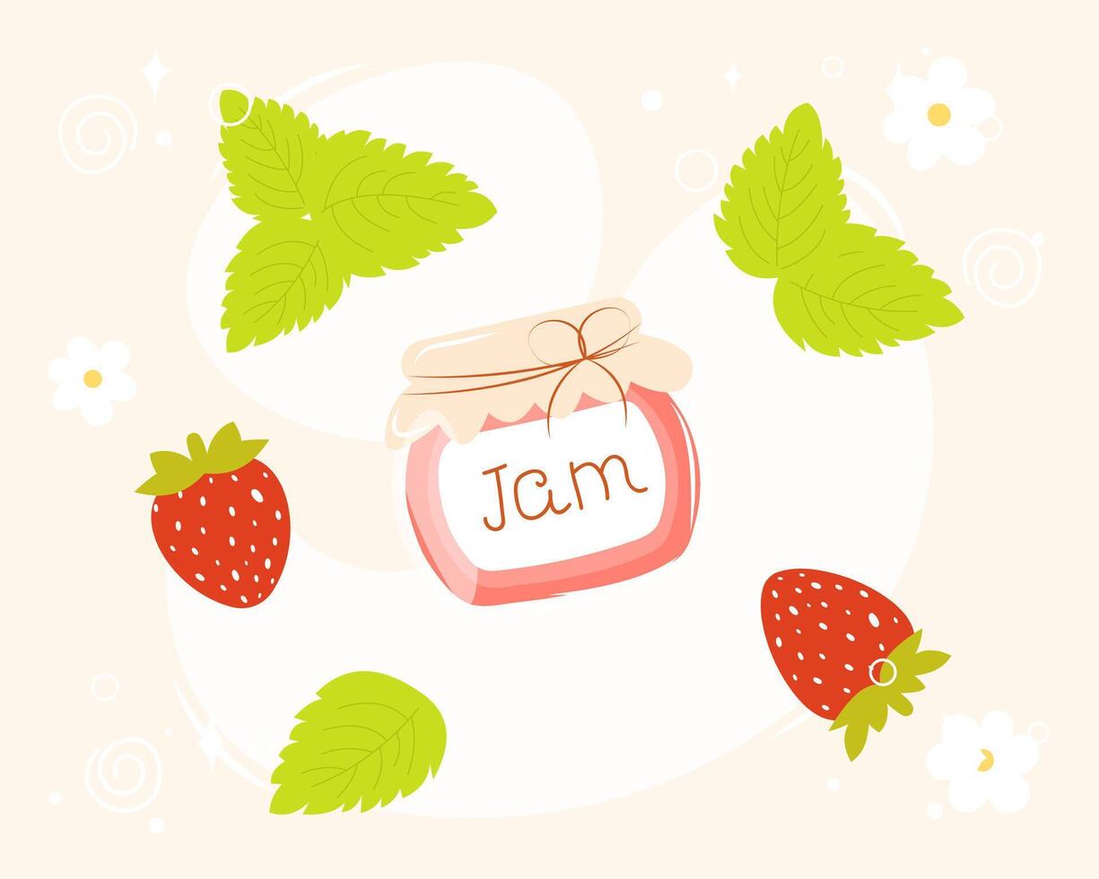 Strawberry jam set - strawberries, jam jar, leaves and flowers. Hand drawn illustration in flat cartoon style. Canned fruit confiture or marmalade. Homemade conservation concept vector