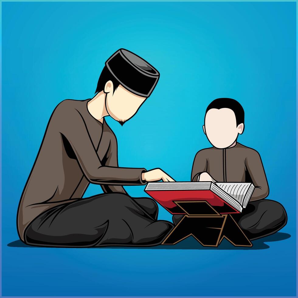 illustration of father and son learning to read the Al Quran vector