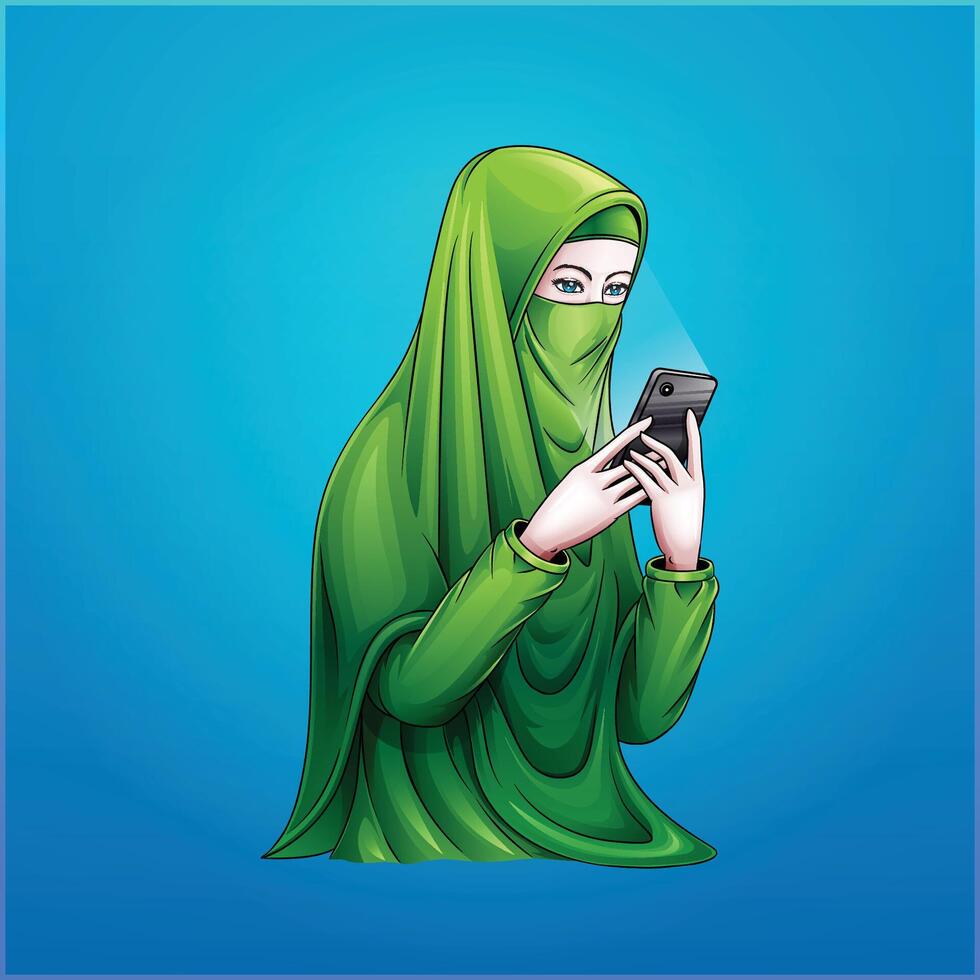 illustration of a Muslim woman in a green shirt holding a cell phone vector