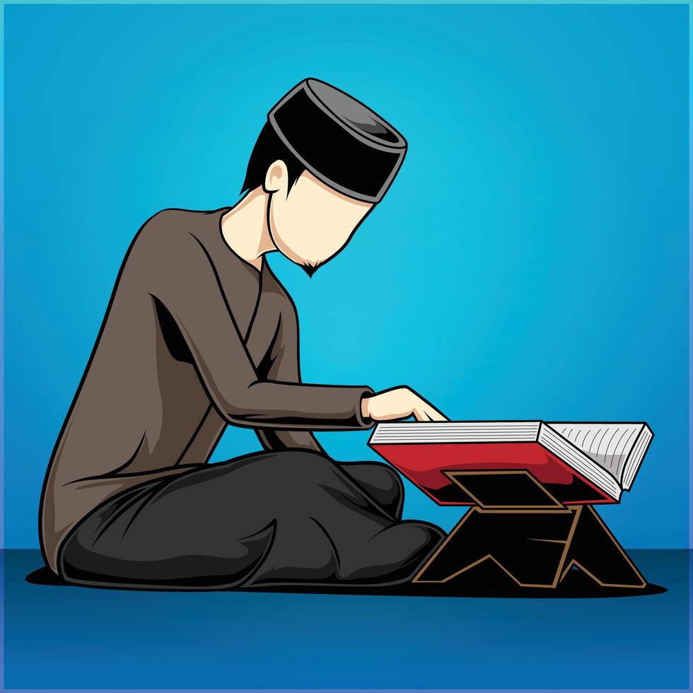 illustration of a Muslim reading Al Quran while sitting vector