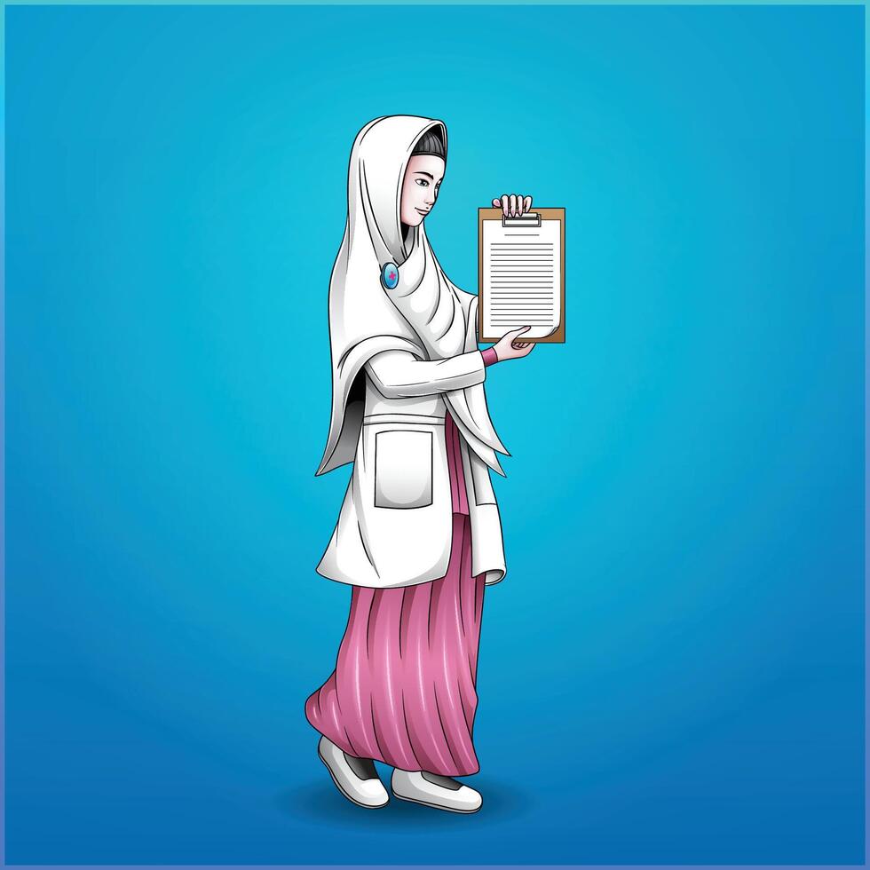 illustration of a Muslim woman, a doctor, holding a data note vector
