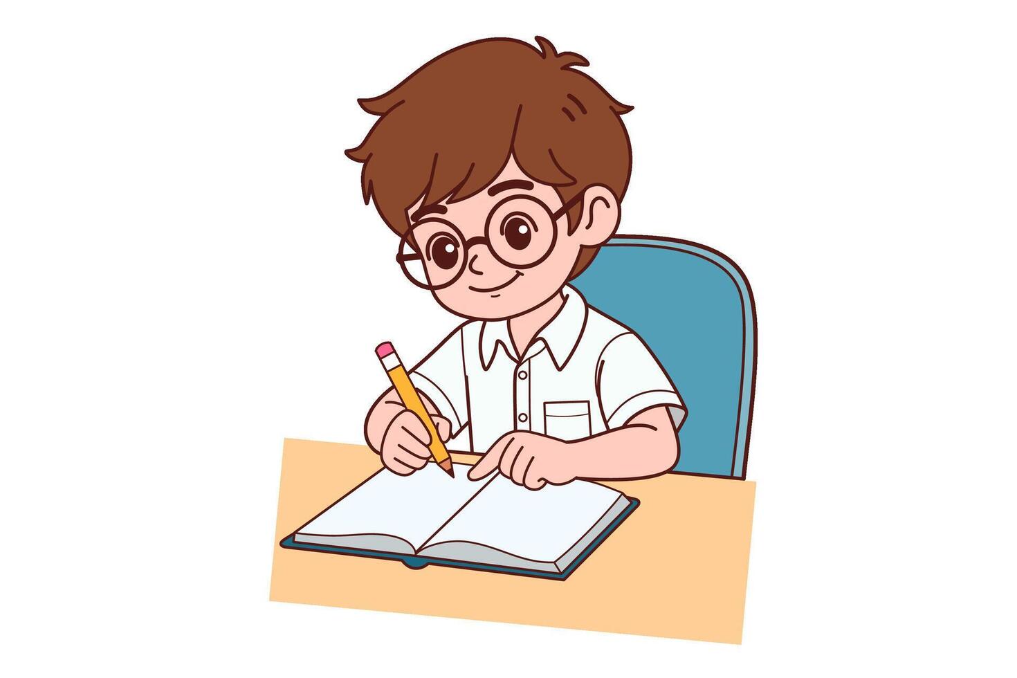 A boy is sitting and doing his homework. Clipart cartoon. vector