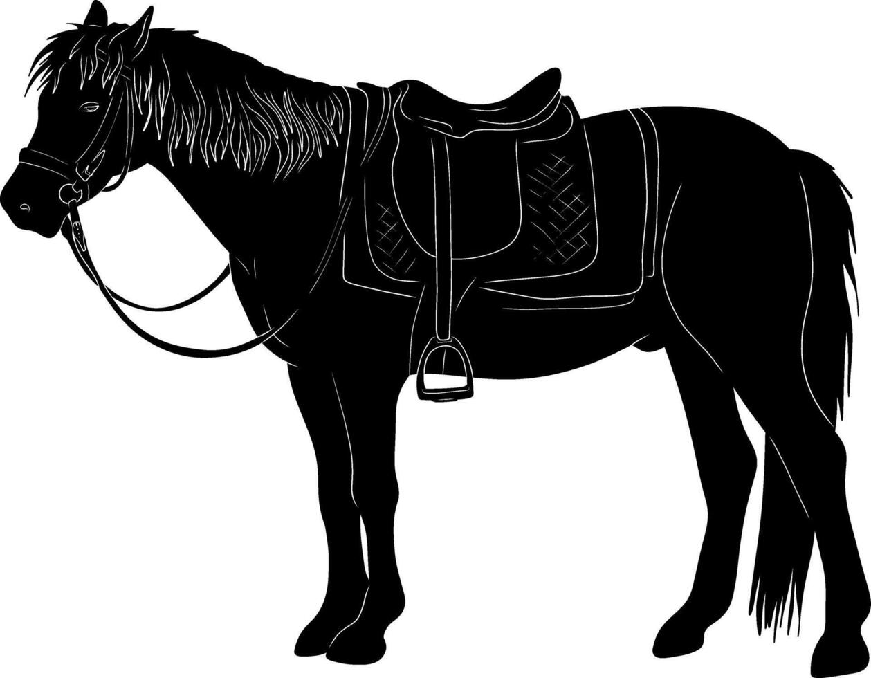 black and white illustration of a horse with saddle vector