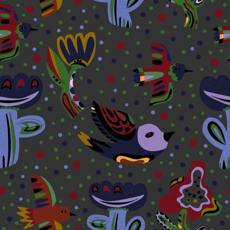 a pattern with colorful birds and cactus plants vector
