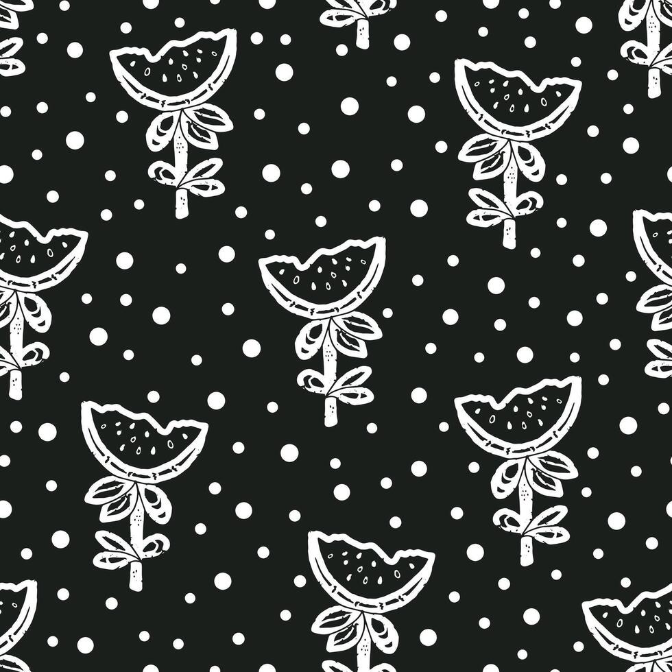 watermelon seamless pattern with polka dots and flowers vector
