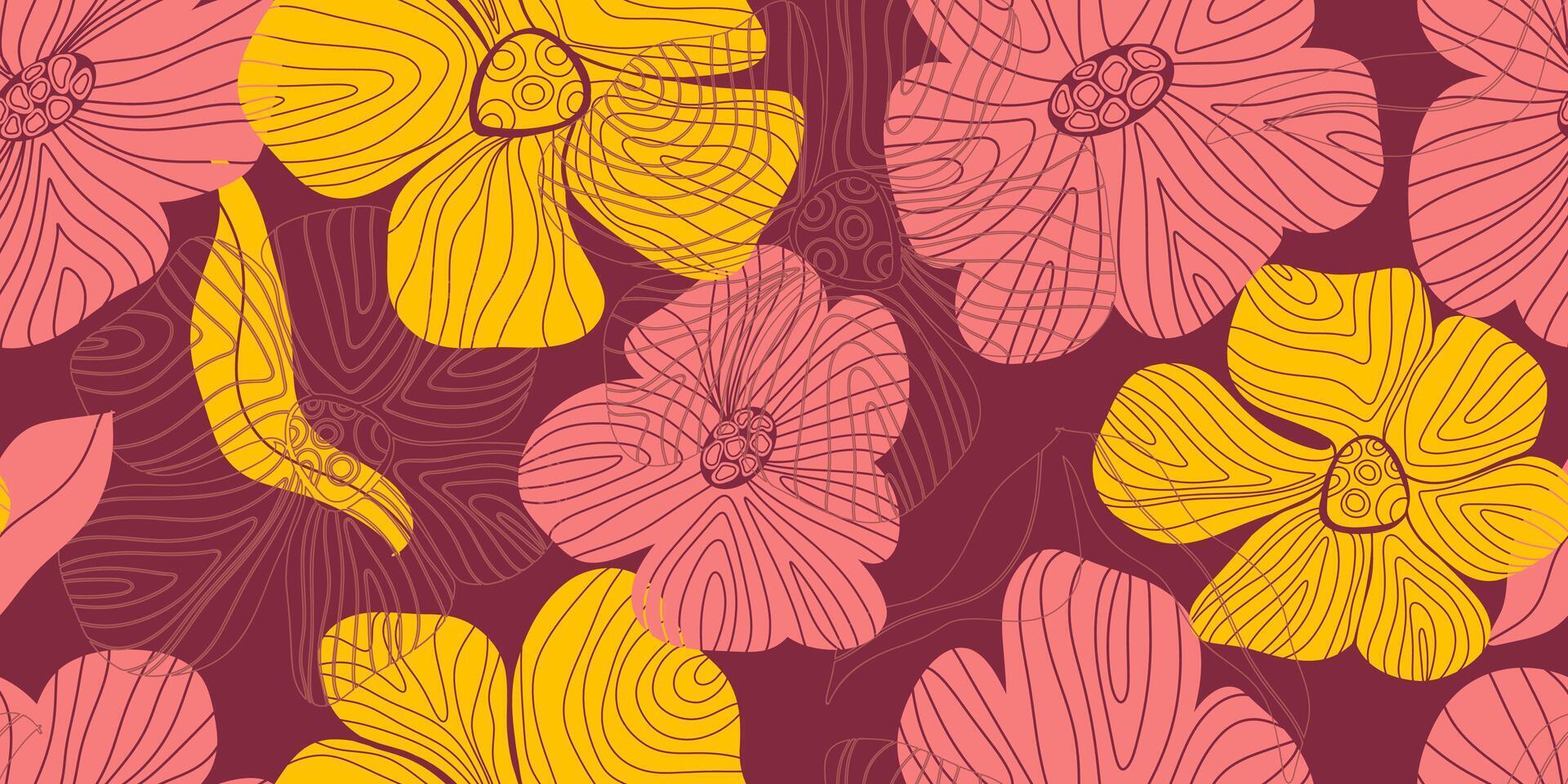 a pattern with yellow and pink flowers on a burgundy background vector
