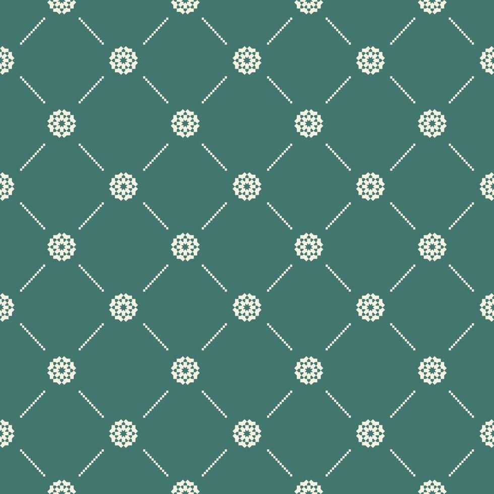 White Monogram Geometric Flowers Seamless Pattern on Deep Green Background. Detailed Design Illustration for Textile Print Design Wallpaper Minimal Luxury Delicate High-end Less is more Decoration. vector