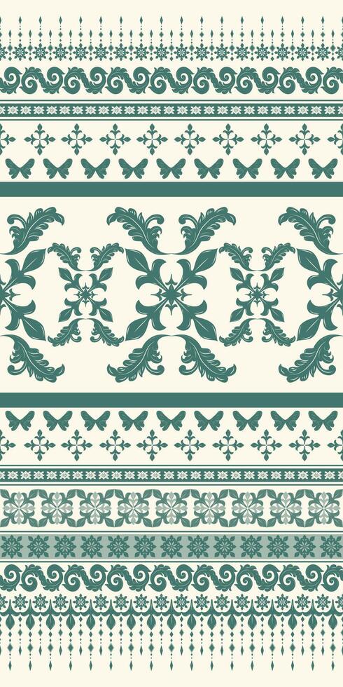 Detailed Floral Butterfly Botanic Decoration Scroll Ornament Seamless Pattern Dark Green on Beige Background Elaborate florals pattern, silk, scarf, embroidery, textile, Carpet, Luxury Border. vector
