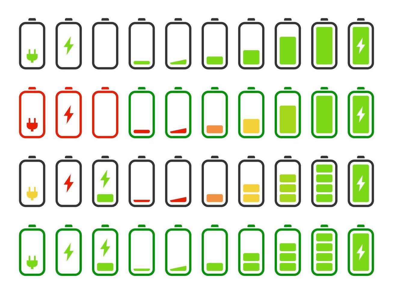 Battery charging icon set. Empty and full battery energy level icon collection. Low power mode battery illustration. Accumulator capacity pictogram. Web interface element for mobile phone. vector