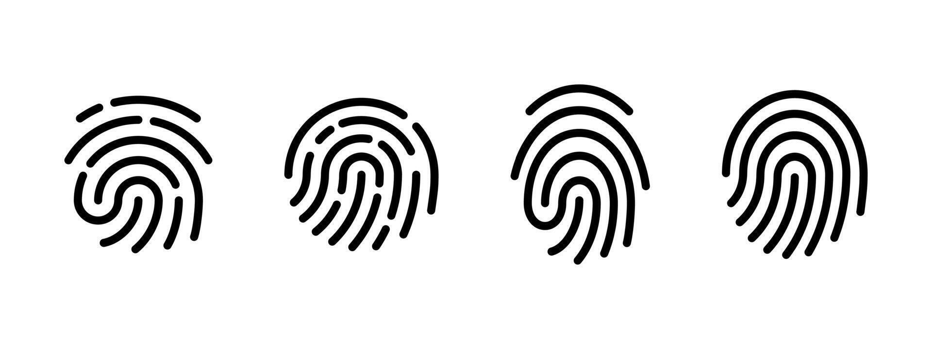 Fingerprint icon set. Finger print illustration. Biometric identity sign. ID security authentication technology. Thumb print symbol. Fingerprint scan pictogram. Touch screen concept. vector
