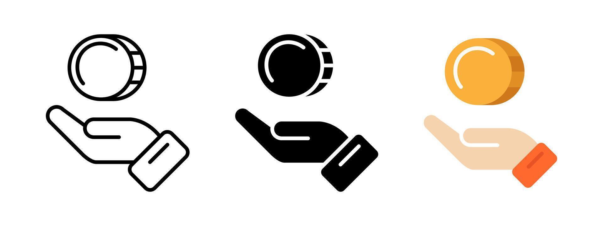 Hand with coin icon. Hand holding a coin illustration. Investment profit symbol. Salary and savings sign. Business earnings pictogram. Income or payment concept. Banking dollar or cent currency vector