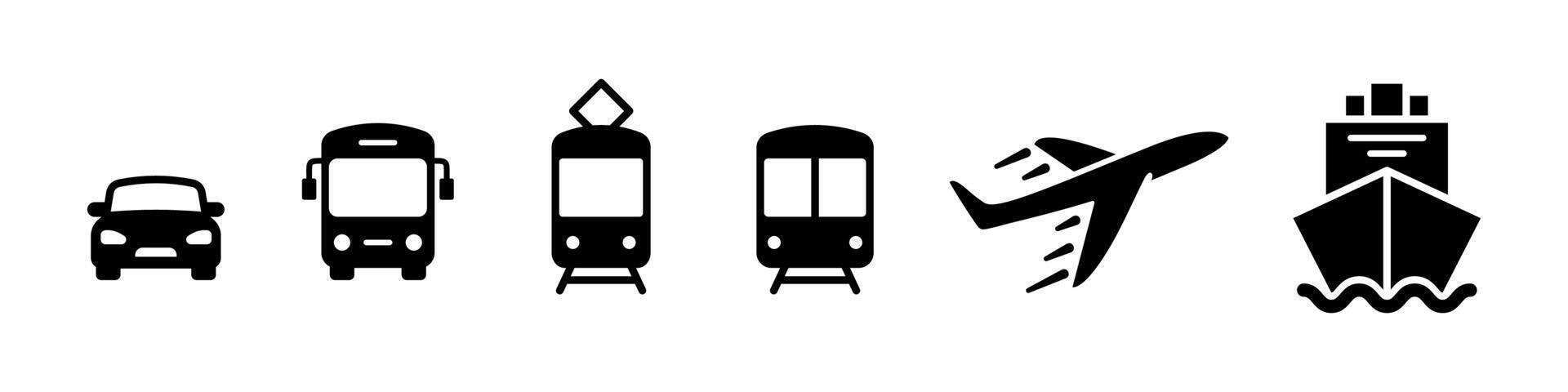Transportation icon set. Transport symbol collection. Cargo vehicles illustration. Car, bus, tram, train, airplane and ship isolated concept. Flat black transportation icon set isolated. vector