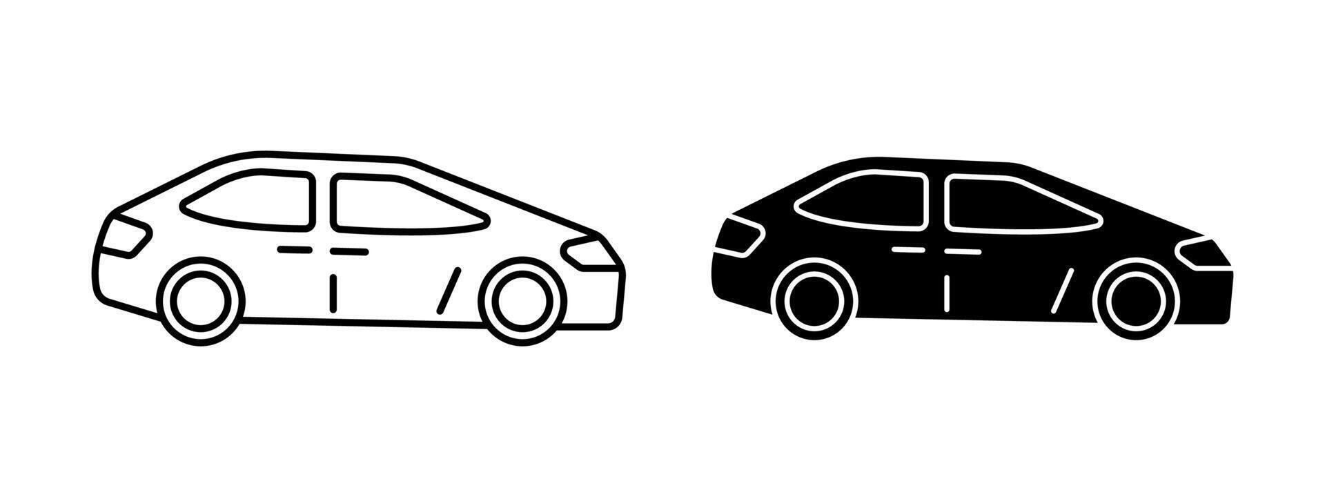 Abstract car icon. Automobile sign. Vehicle illustration. Sedan silhouette. Auto transport pictogram. Driver sign. Transportation graphic sign isolated line or outline art in two styles. vector
