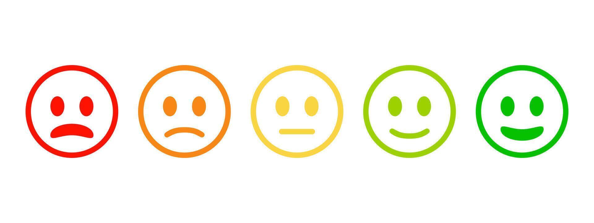 Feedback smile emotion icon set in different moods. Review smiley face collection. Service rating emotion illustration. Bad, poor, average, good and excellent feedback marking. Face expression symbols vector