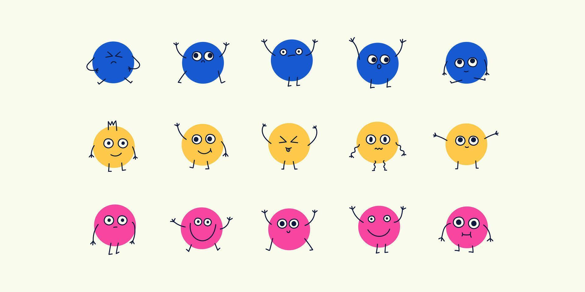 Cartoon faces with emotions, doodle characters in retro groovy funky style. Stickers set of hand drawn round faces vector
