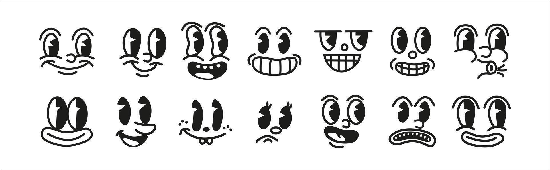 Vintage 50s cartoon and comic happy facial expression. Logos, Retro, Face Caricatures, Sticker Faces. Characters Smile Emoji Set. vector