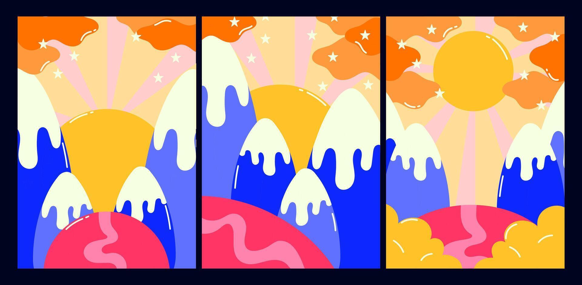 set of groovy posters. bright hippie style elements. Mountains, river, sun, cloudy, wave. illustration vector